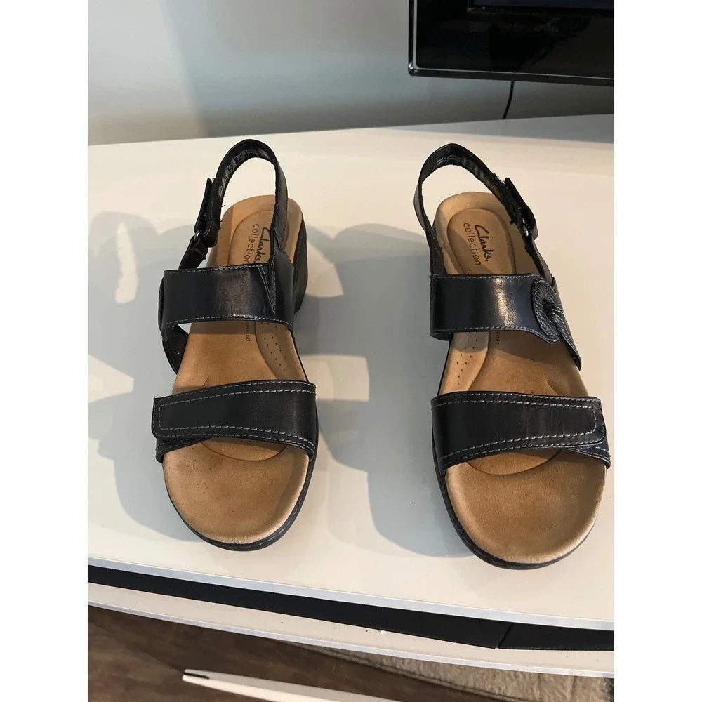 Clarks Collection Black Leather Wedge Sandals Strappy Comfort 7.5 M Arla‎ Glison
